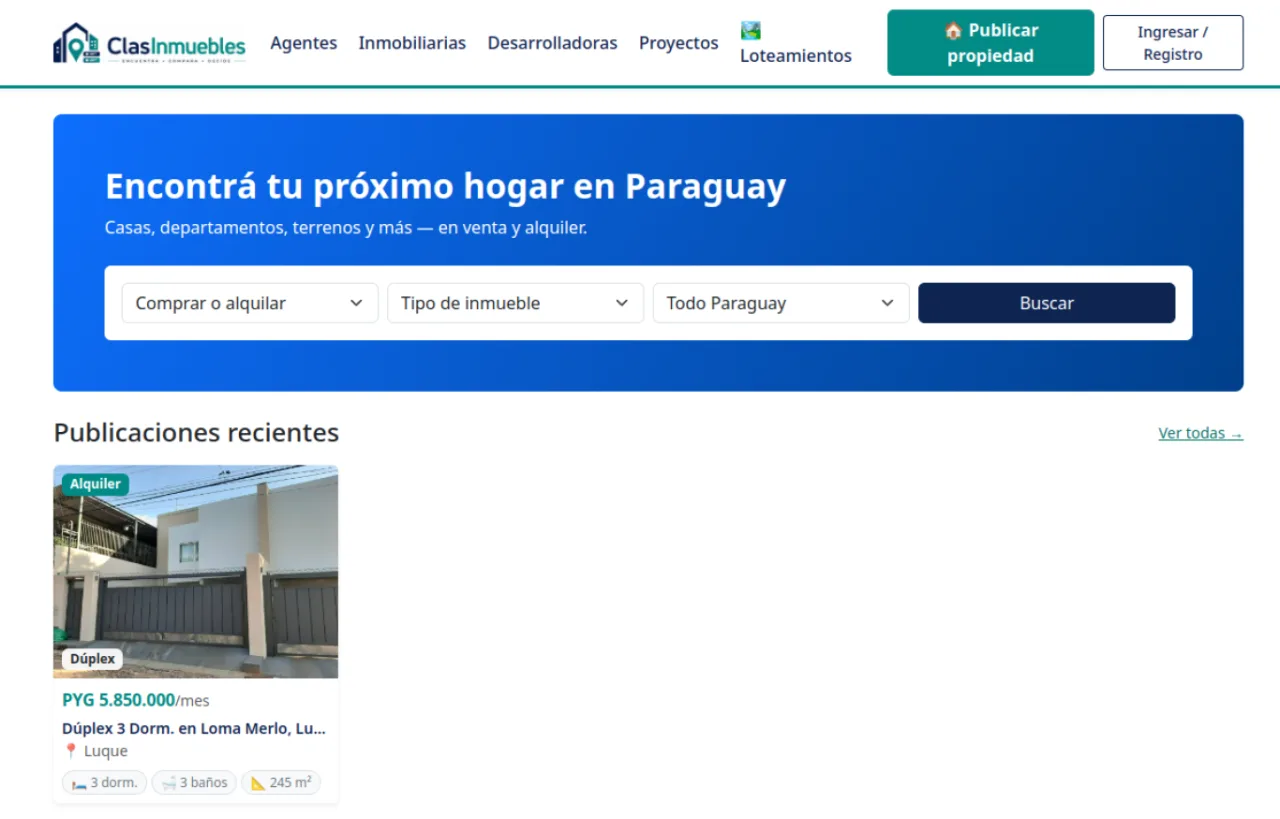 Captura de la portada de ClasInmuebles Paraguay